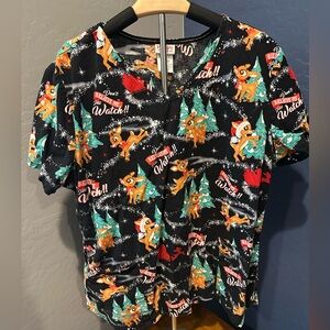 Black Christmas Reindeer Scrub top teal